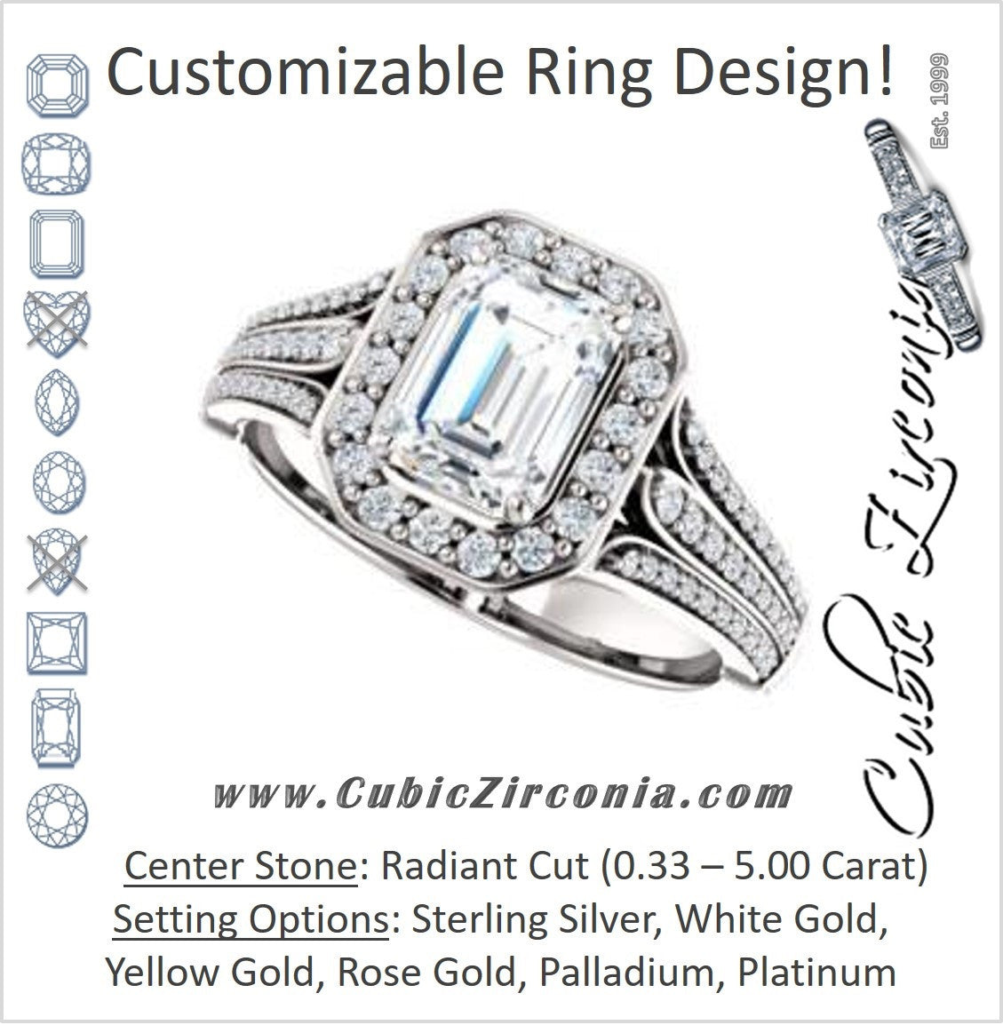 Cubic Zirconia Engagement Ring- The Frannie (Customizable Radiant Cut Style with Halo and Tri-Split Pavé Band)