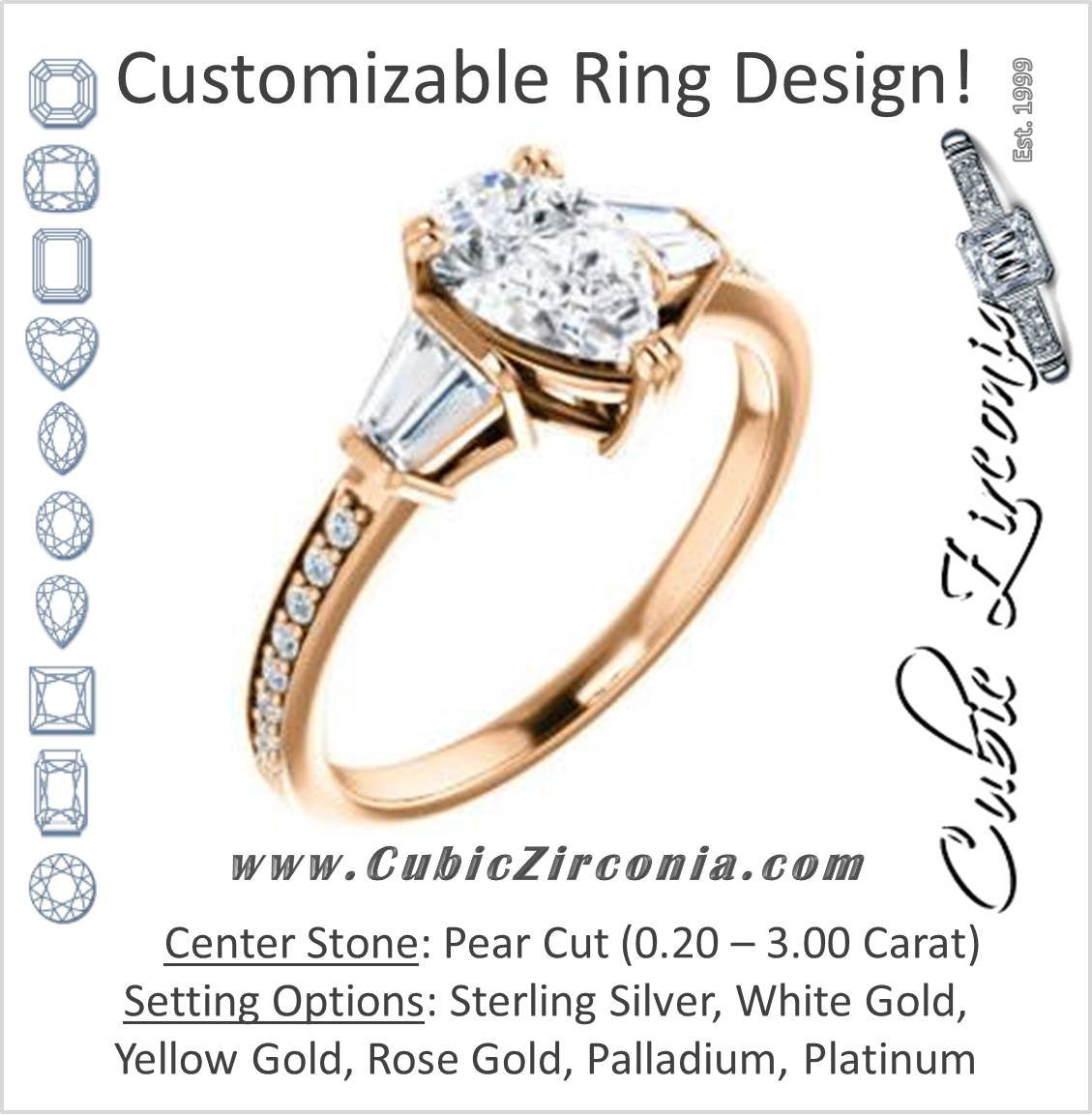 Cubic Zirconia Engagement Ring- The Hazel Rae (Customizable Pear Cut Design with Quad Baguette Accents and Pavé Band)