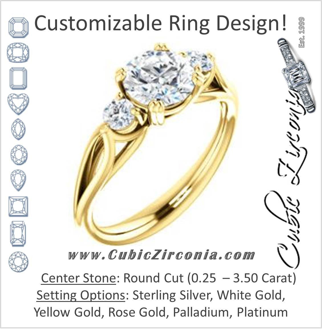 Cubic Zirconia Engagement Ring- The Libby Leigh (Customizable 3-stone Round Cut Design with Flanking Round Accents and Wide Curve-Split Band)