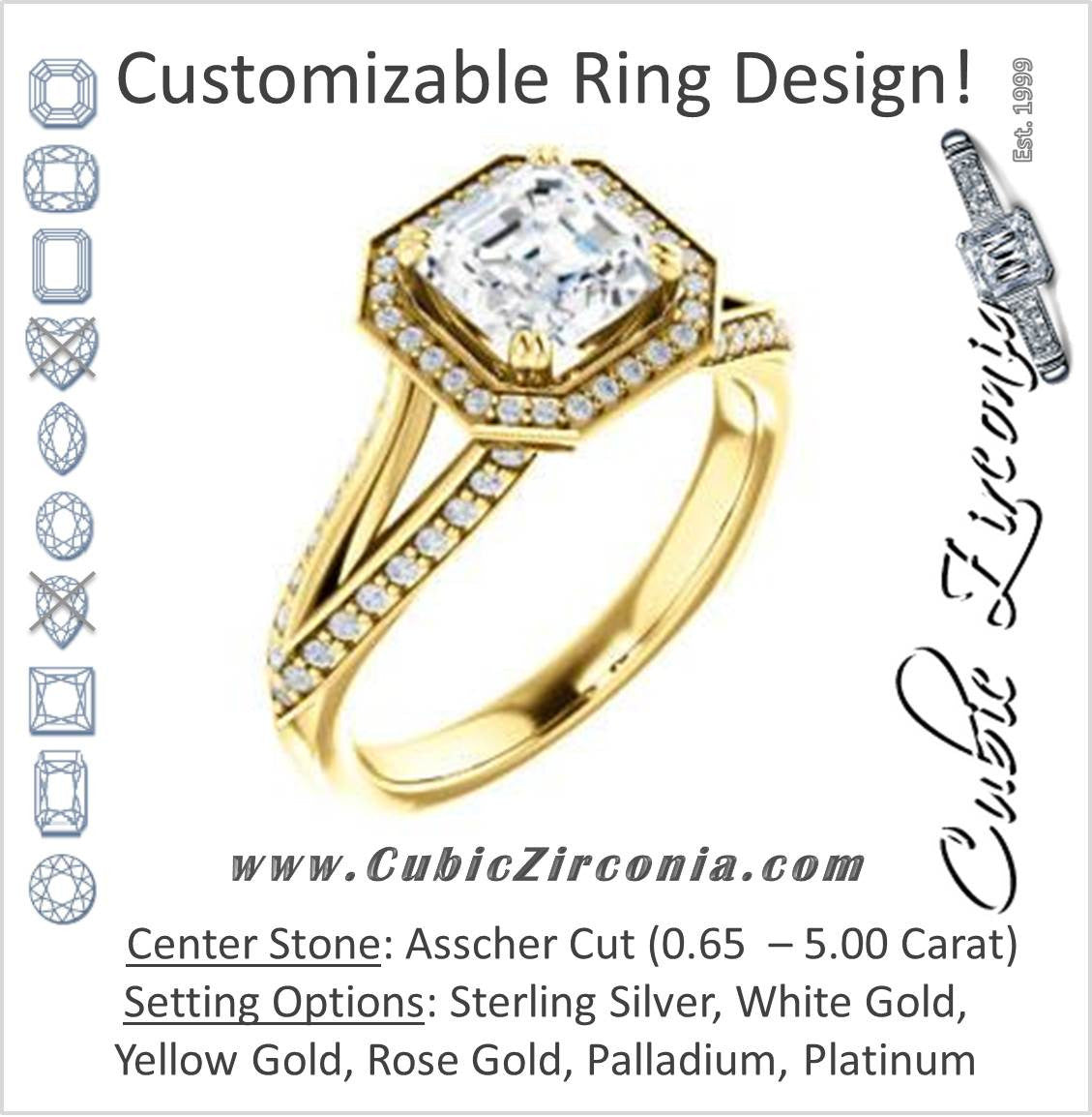Asscher Cut Halo CZ Engagement Ring: 3-sided Twisting Pavé Split