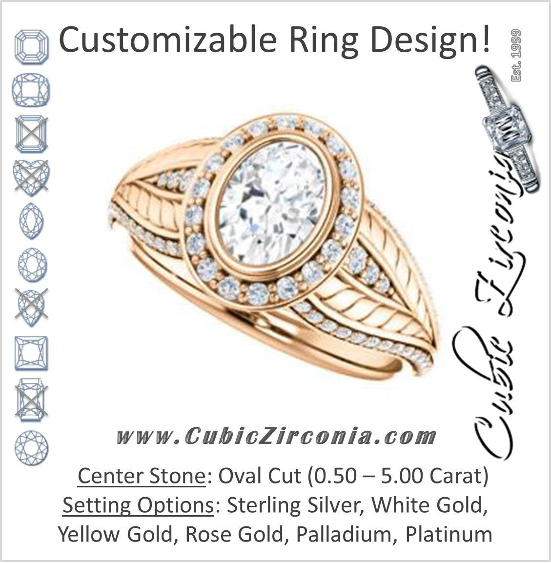 Cubic Zirconia Engagement Ring- The Mary Jane (Customizable Bezel-Halo Oval Cut Design with Wide Filigree & Accent Band)