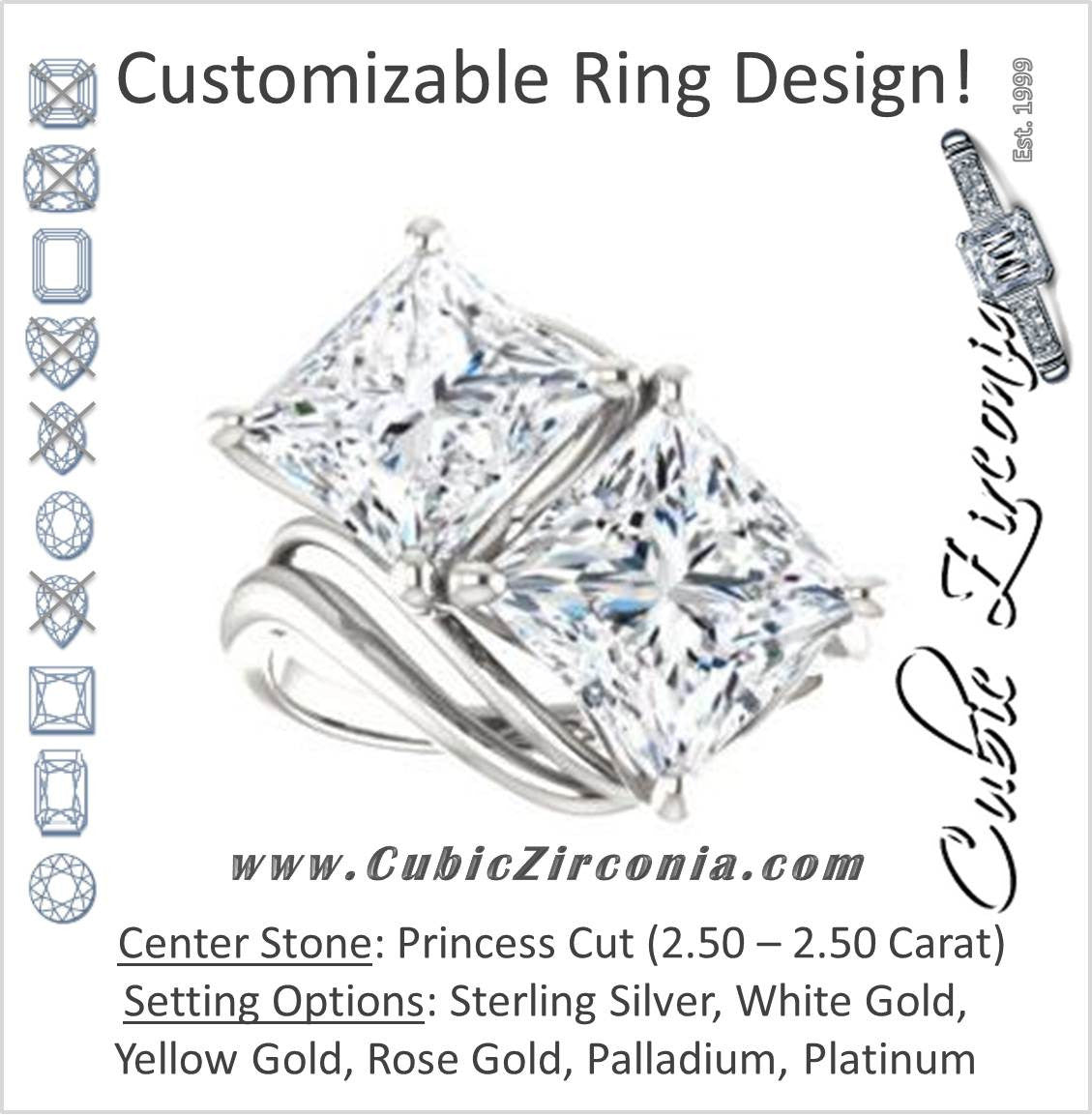 Cubic Zirconia Engagement Ring- The Yuli (Customizable 2-stone Princess Cut Design with Artisan Bypass Split Band)