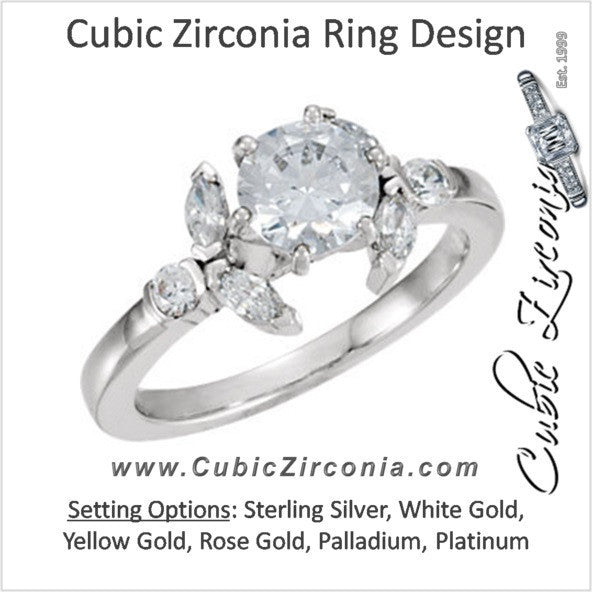 Cubic Zirconia Engagement Ring- The Ashlee (1.48 Carat TCW Round Cut 7-stone with Floral-inspired Marquise Accents)