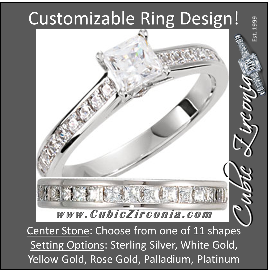 CZ Wedding Set, Style 121-593 feat The Estella Engagement Ring (Customizable Center with Princess Channel)