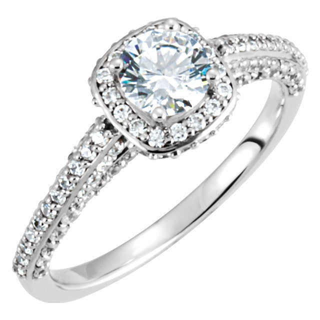 Cubic Zirconia Engagement Ring- The Brittany Sue (0.5-2.0 Carat Round Halo-Styled with Cascading Pave Band)