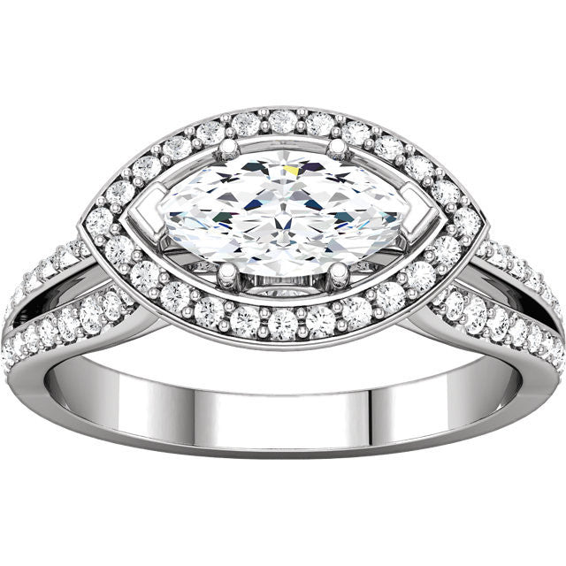 Cubic Zirconia Engagement Ring- The Brooke (0.75 Carat Customizable Halo-Style with Split Pave Band)