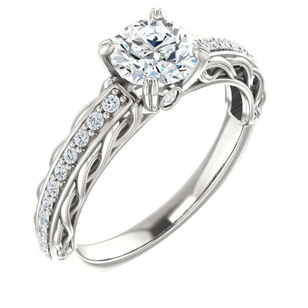 Cubic Zirconia Engagement Ring- The Melody (Customizable Round Cut Style with Lacy Filigree Metal Band Plus Pavé and Peekaboo Accents)