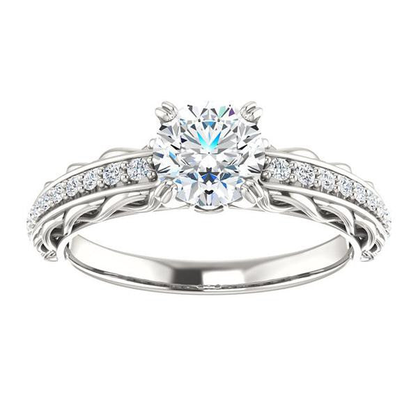 Cubic Zirconia Engagement Ring- The Melody (Customizable Round Cut Style with Lacy Filigree Metal Band Plus Pavé and Peekaboo Accents)