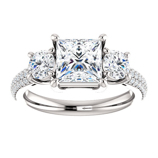 Cubic Zirconia Engagement Ring- The Nicole (Customizable Three-Stone with Round Prong and Pave Accents)