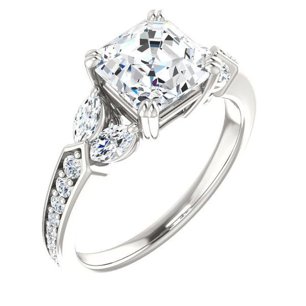 Cubic Zirconia Engagement Ring- The Rosalyn (Customizable Asscher Cut with Marquise Accent Butterflies and Round Channel)