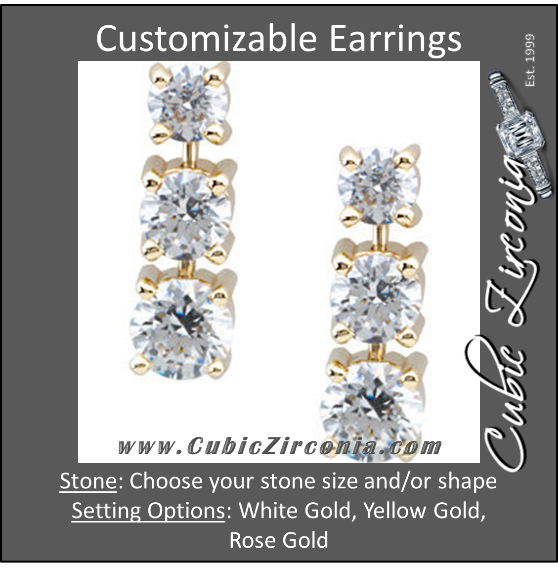 Cubic Zirconia Earrings- Customizable 3-Stone Graduated Round Cut Dangle Earring Set