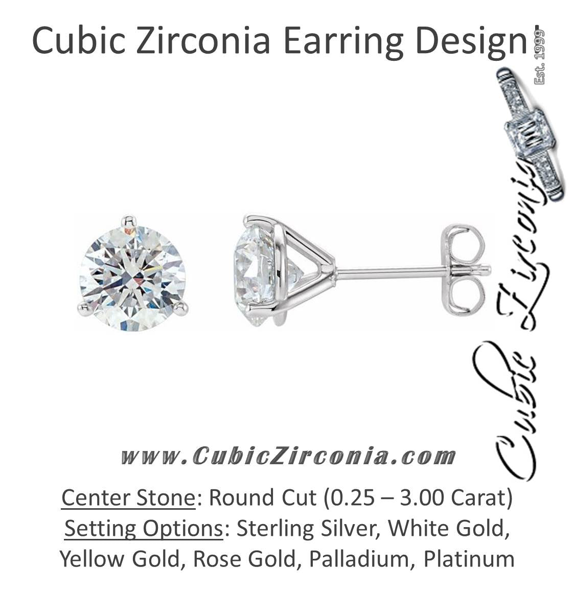 Cubic Zirconia Earrings-  Customizable 3 Prong Round CZ Stud Earring (single earring)