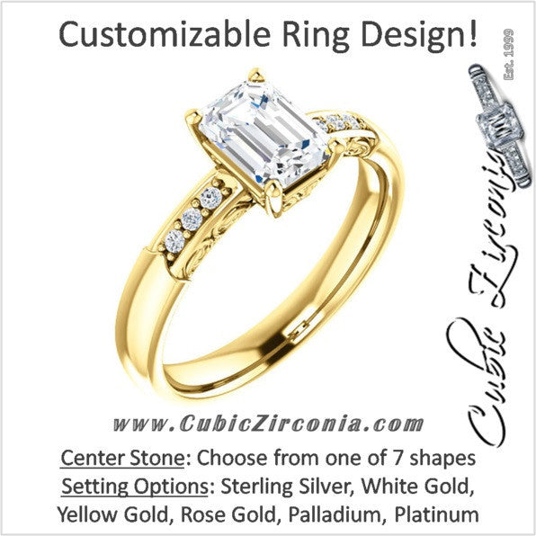 Cubic Zirconia Engagement Ring- The Gabrielle (Customizable Center featuring Round Side Stones and Filigree)
