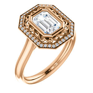 Cubic Zirconia Engagement Ring- The Bessie (Customizable Cathedral-Bezel Emerald Cut Design with Flowery Filigree and Halo)