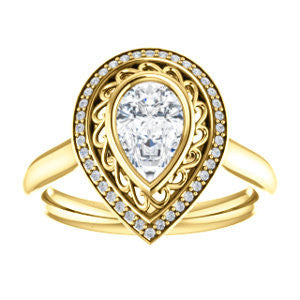 Cubic Zirconia Engagement Ring- The Bessie (Customizable Cathedral-Bezel Pear Cut Design with Flowery Filigree and Halo)