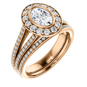 CZ Wedding Set, featuring The Maricela engagement ring (Customizable Bezel-Halo Oval Cut Ring with Wide Tapered Pavé Split Band & Decorative Trellis)