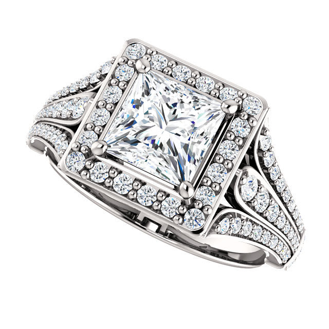 Cubic Zirconia Engagement Ring- The Frannie (Customizable Princess Cut Style with Halo and Tri-Split Pavé Band)
