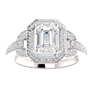 Cubic Zirconia Engagement Ring- The Karli Grace (Customizable Emerald Cut Design with Halo and Interlocking Links Accented Split Band)