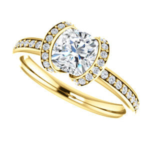CZ Wedding Set, featuring The Victoria engagement ring (Customizable Bezel-set Cushion Cut Semi-Halo Design with Prong Accents)
