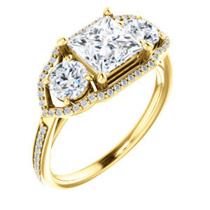 CZ Wedding Set, featuring The Lizabeth engagement ring (Customizable Princess Cut Enhanced 3-stone Style with Tri-Halos & Thin Pavé Band)