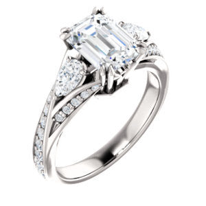 Cubic Zirconia Engagement Ring- The Jackie (Customizable Radiant Center with Flanking Pear Accents and Pavé Band)