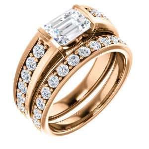 CZ Wedding Set, featuring The Rosemary engagement ring (Customizable Emerald Cut Tension Bar Set with Wide Channel/Prong Band)