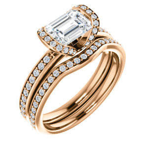 CZ Wedding Set, featuring The Victoria engagement ring (Customizable Bezel-set Emerald Cut Semi-Halo Design with Prong Accents)