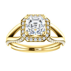 CZ Wedding Set, featuring The Gabrielle Mia engagement ring (Customizable Asscher Cut Design with Halo & Accented Three-sided Wide Split Band)