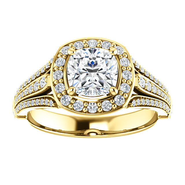 Cubic Zirconia Engagement Ring- The Frannie (Customizable Cushion Cut Style with Halo and Tri-Split Pavé Band)