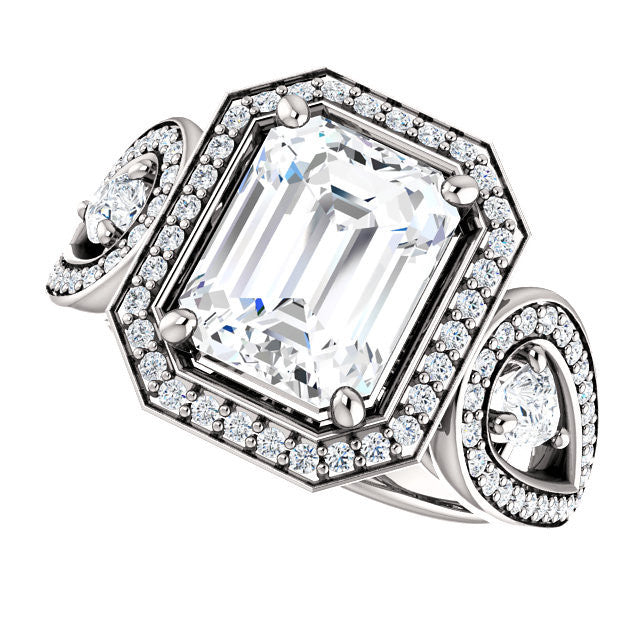 Cubic Zirconia Engagement Ring- The Luz Marie (Customizable Halo-style Emerald Cut with Split-Pavé Band & Pear Accents)
