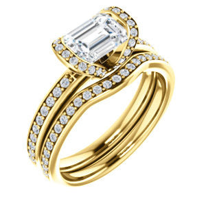 CZ Wedding Set, featuring The Victoria engagement ring (Customizable Bezel-set Emerald Cut Semi-Halo Design with Prong Accents)