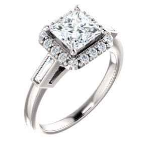 Cubic Zirconia Engagement Ring- The Azariah (Customizable Cathedral Princess Cut Design with Halo and Straight Baguettes)