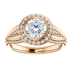 Cubic Zirconia Engagement Ring- The Mary Jane (Customizable Bezel-Halo Round Cut Design with Wide Filigree & Accent Band)