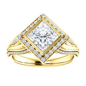 Cubic Zirconia Engagement Ring- The Mary Jane (Customizable Bezel-Halo Princess Cut Design with Wide Filigree & Accent Band)