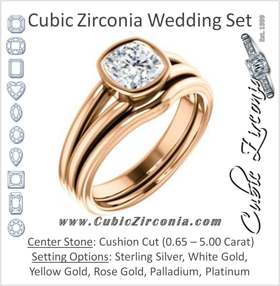CZ Wedding Set, featuring The Bernadine engagement ring (Customizable Bezel-set Cushion Cut with V-Split Band)