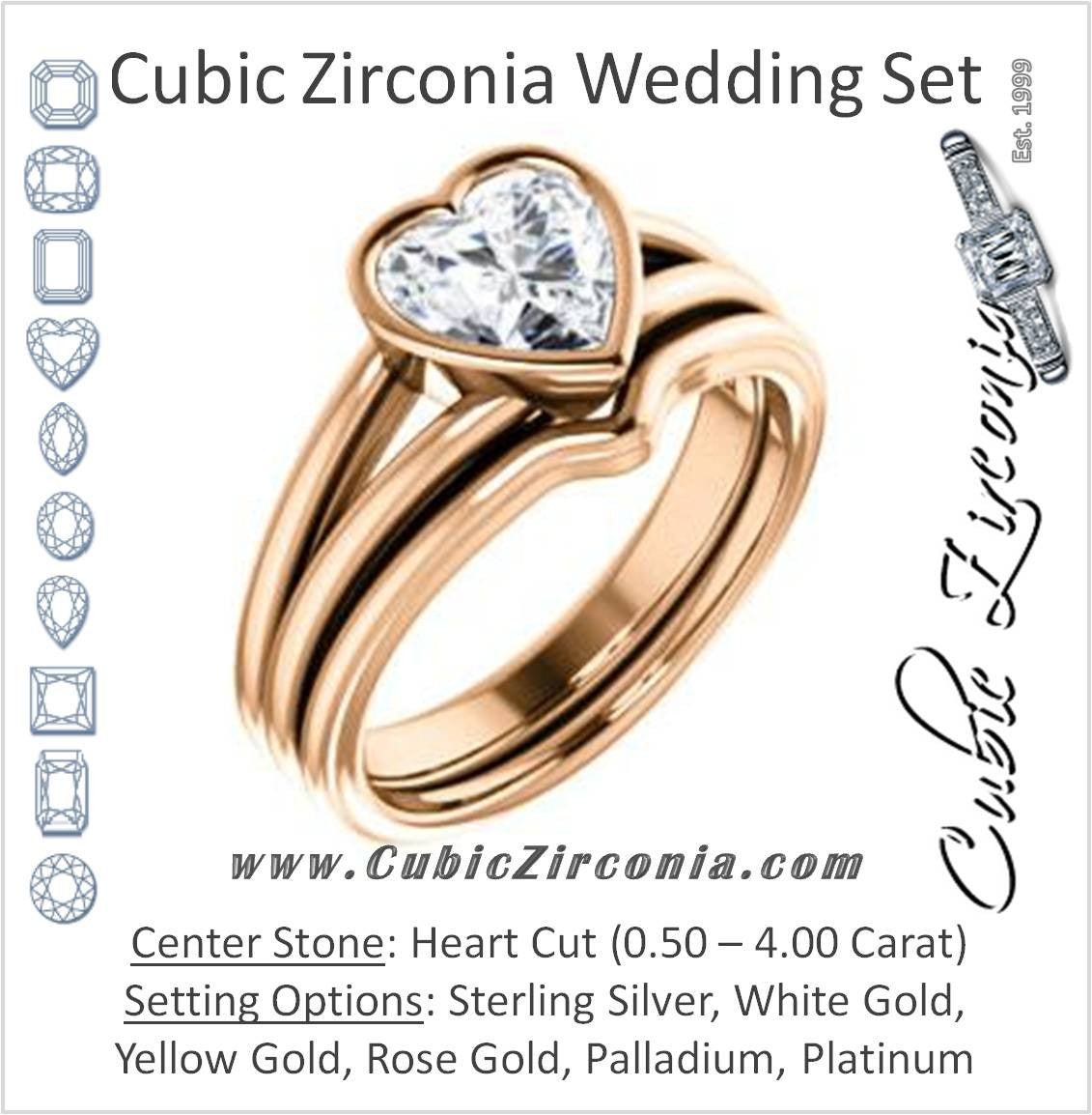 CZ Wedding Set, featuring The Bernadine engagement ring (Customizable Bezel-set Heart Cut with V-Split Band)