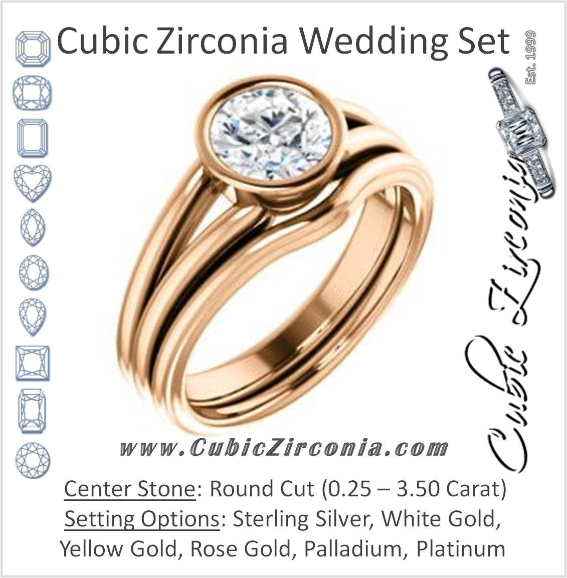 CZ Wedding Set, featuring The Bernadine engagement ring (Customizable Bezel-set Round Cut with V-Split Band)