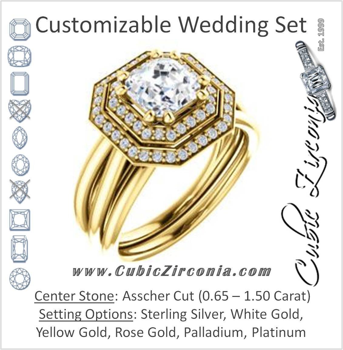 CZ Wedding Set, featuring The Brielle engagement ring (Customizable Asscher Cut Cathedral Double-Halo with Curved Split-Band)