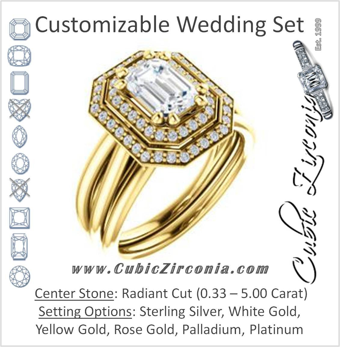 CZ Wedding Set, featuring The Brielle engagement ring (Customizable Radiant Cut Cathedral Double-Halo with Curved Split-Band)