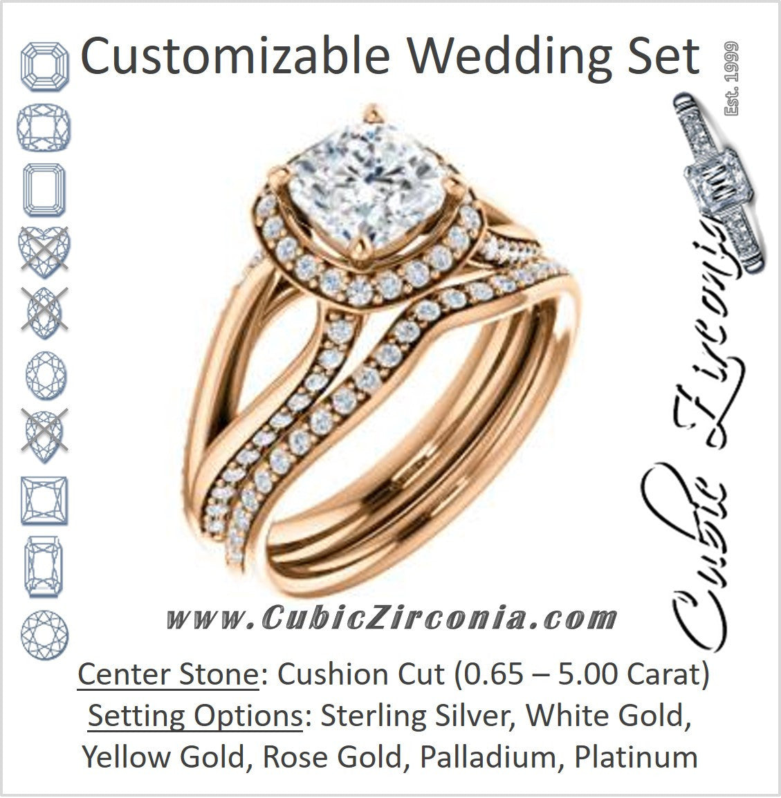 CZ Wedding Set, featuring The Gabrielle Mia engagement ring (Customizable Cushion Cut Design with Halo & Accented Three-sided Wide Split Band)