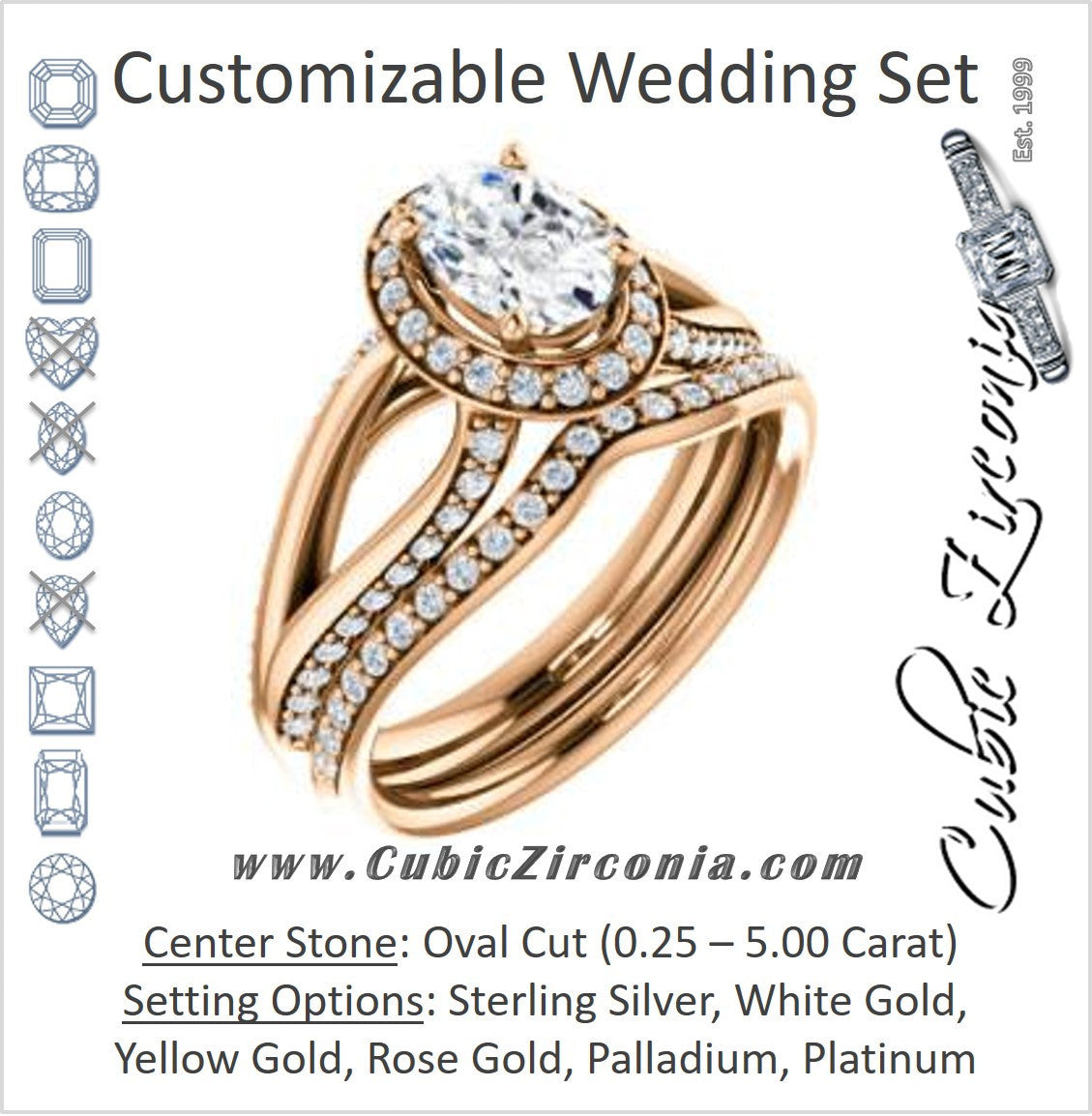 CZ Wedding Set, featuring The Gabrielle Mia engagement ring (Customizable Oval Cut Design with Halo & Accented Three-sided Wide Split Band)