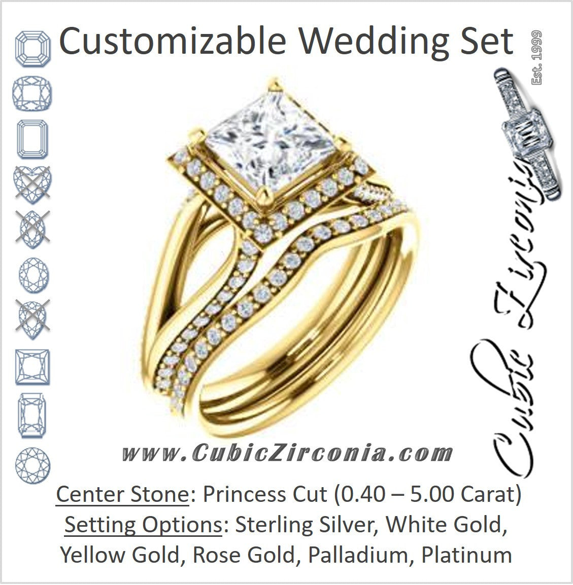 CZ Wedding Set, featuring The Gabrielle Mia engagement ring (Customizable Princess Cut Design with Halo & Accented Three-sided Wide Split Band)