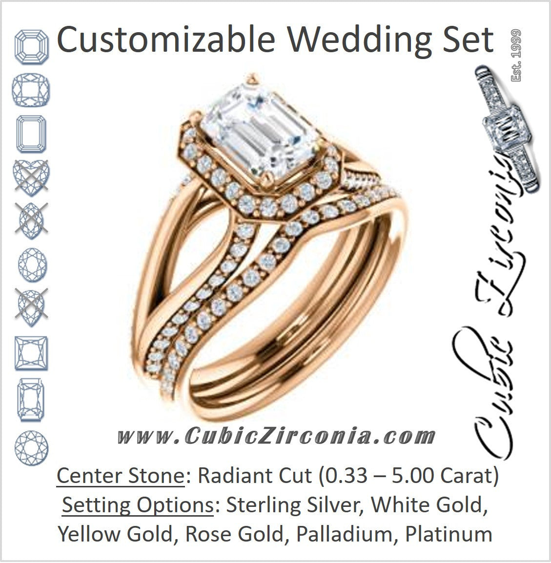 CZ Wedding Set, featuring The Gabrielle Mia engagement ring (Customizable Radiant Cut Design with Halo & Accented Three-sided Wide Split Band)