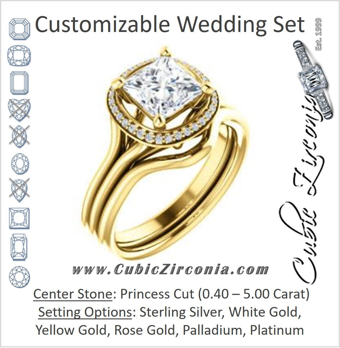 CZ Wedding Set, featuring The Jaci engagement ring (Customizable Cathedral-set Princess Cut Design with Split-Band and Halo Accents)