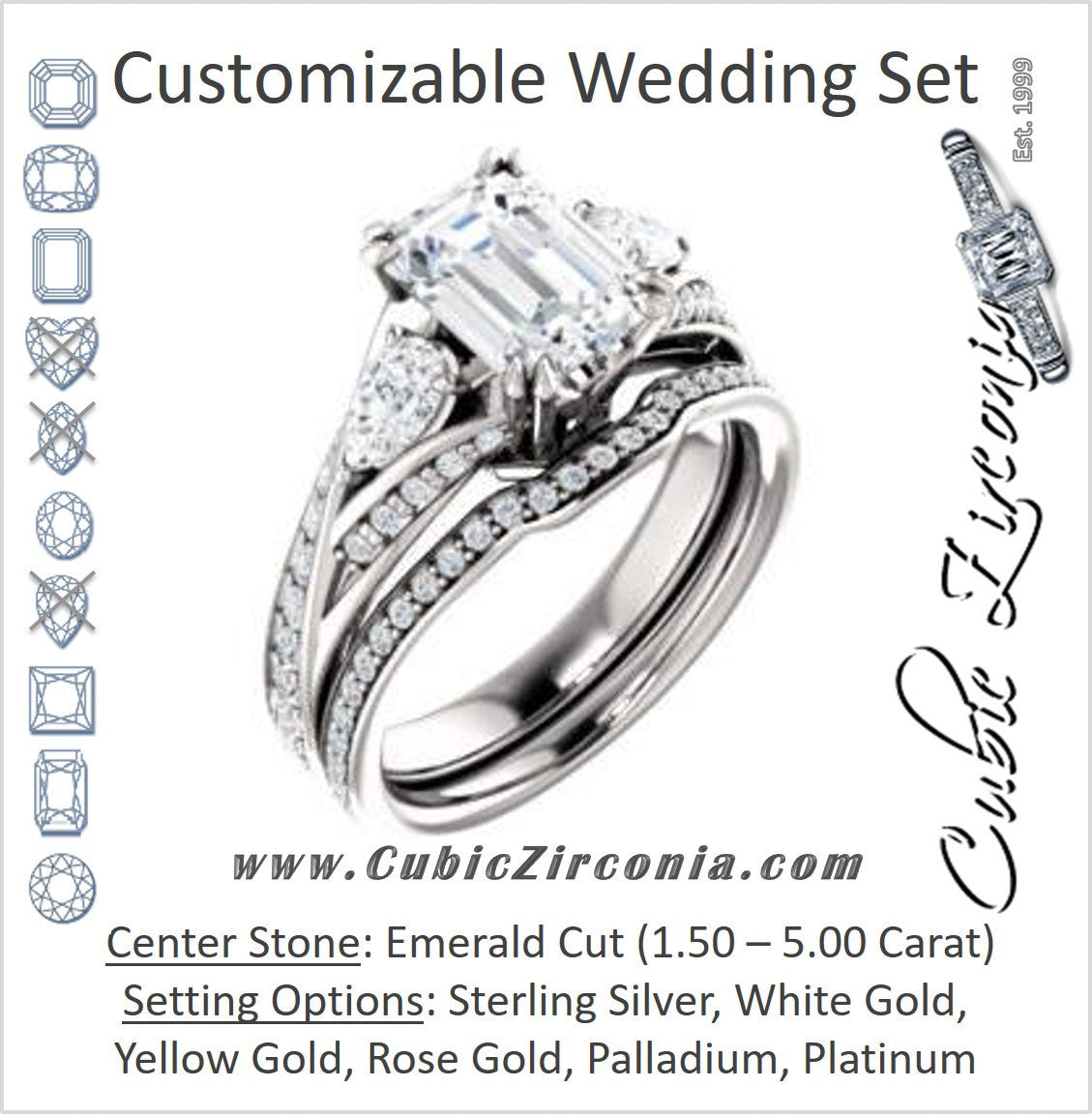 CZ Wedding Set, featuring The Jackie engagement ring (Customizable Emerald Center with Flanking Pear Accents and Pavé Band)