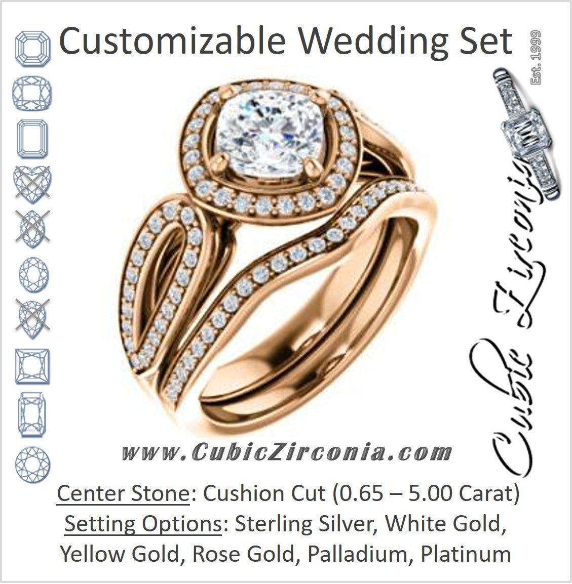CZ Wedding Set, featuring The Jordyn Elitza engagement ring (Customizable Halo-Style Cushion Cut with Twisting Pavé Split-Shank)