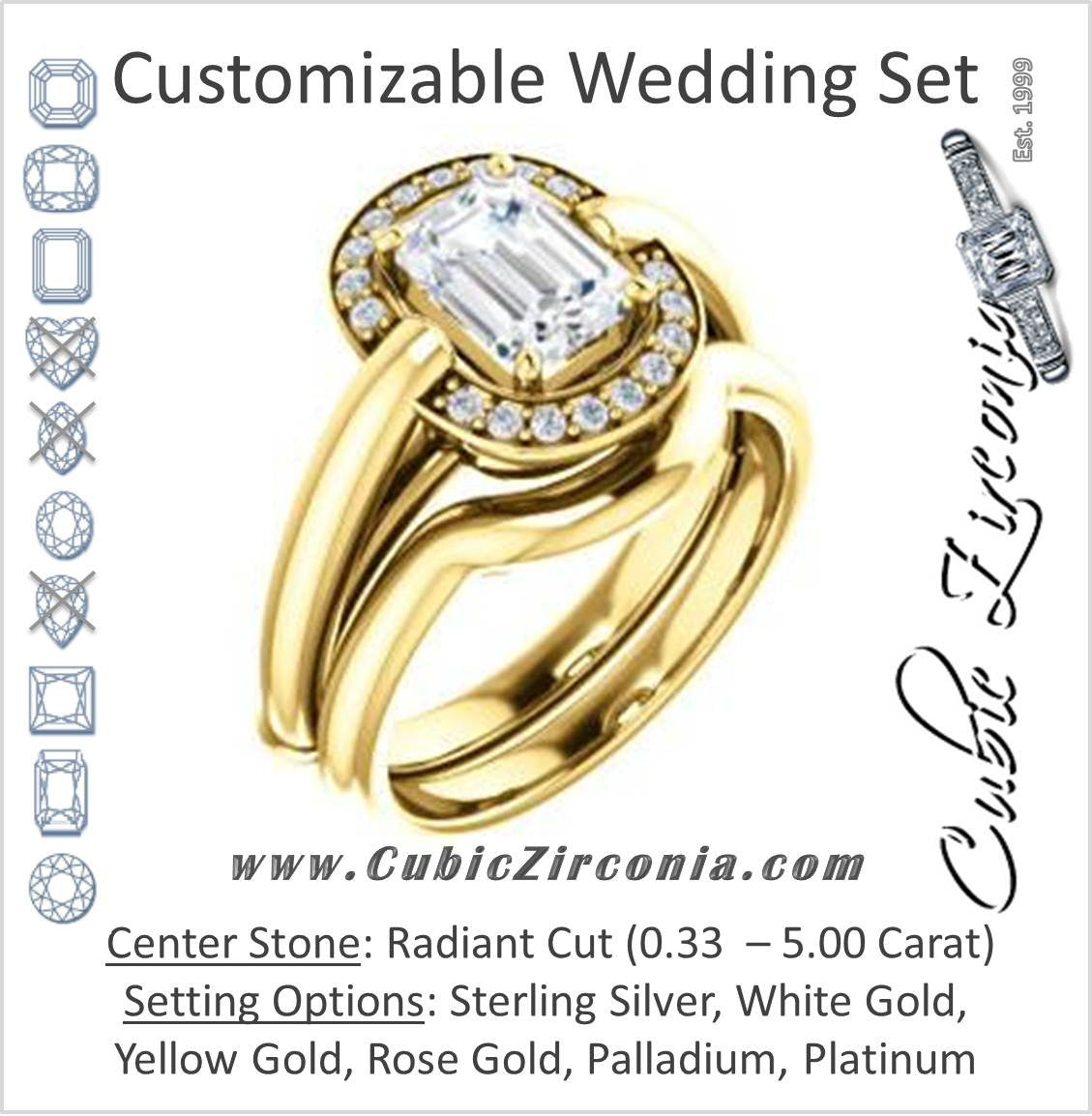 CZ Wedding Set, featuring The Kady engagement ring (Customizable Cathedral-set Radiant Cut with Semi-Halo)