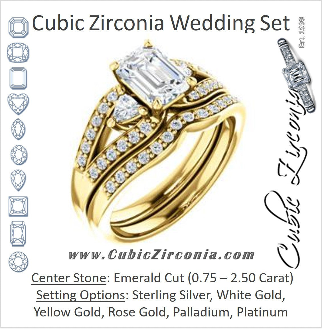 CZ Wedding Set, featuring The Karen engagement ring (Customizable Enhanced 3-stone Design with Emerald Cut Center, Dual Trillion Accents and Wide Pavé-Split Band)