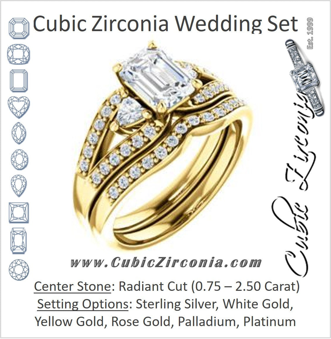 CZ Wedding Set, featuring The Karen engagement ring (Customizable Enhanced 3-stone Design with Radiant Cut Center, Dual Trillion Accents and Wide Pavé-Split Band)