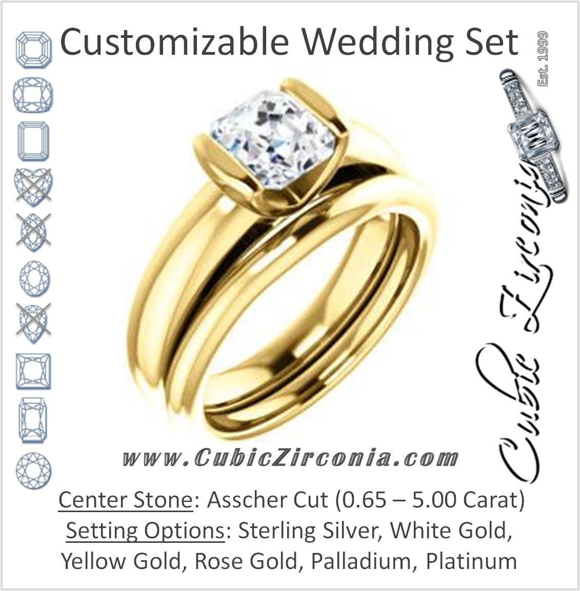 CZ Wedding Set, featuring The Liza Bella engagement ring (Customizable Asscher Cut Cathedral Bar-set Solitaire)